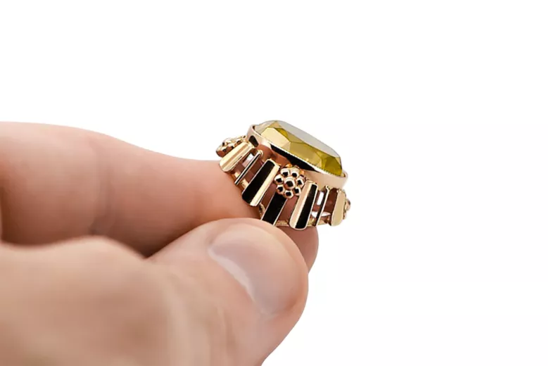 Styl Vintage Pierścionek Żółty Perydot Oryginalny wyrób Vintage 14k z różowego złota vrc043r